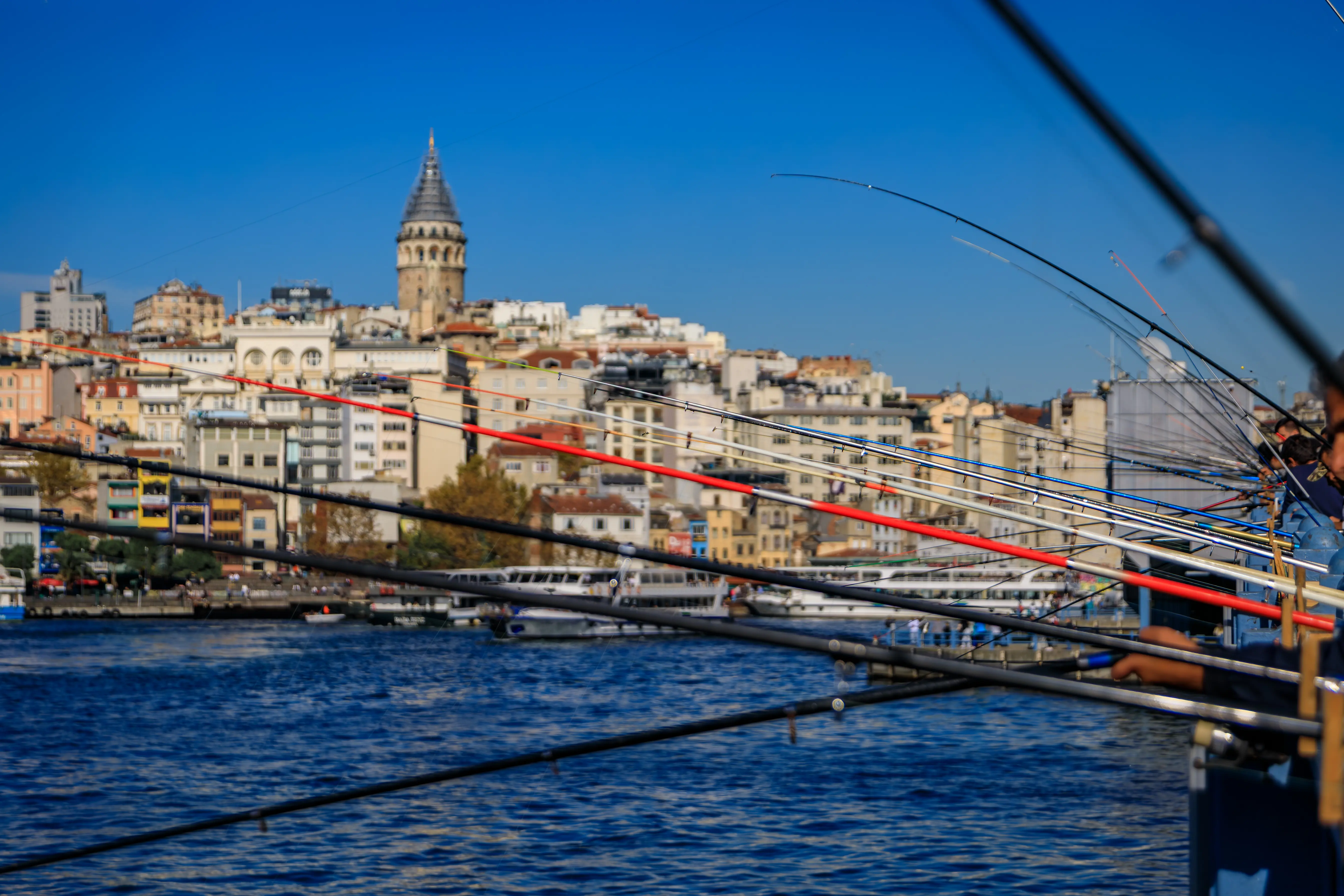 Fishermen's rods lined along the Galata Bridge in Istanbul, with the old city behind