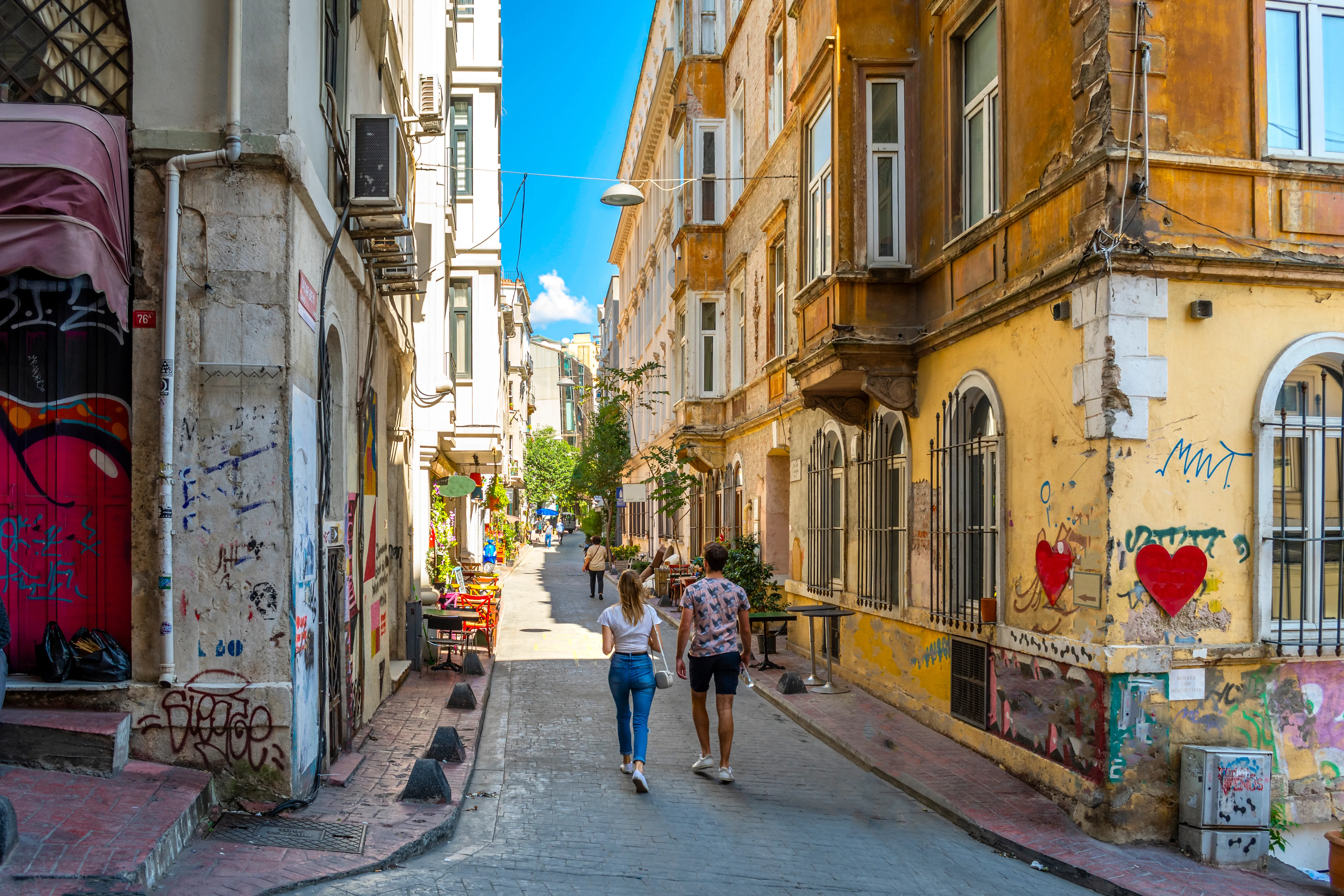 A couple walking up a narrow alley in the old Galata and Karaköy district
