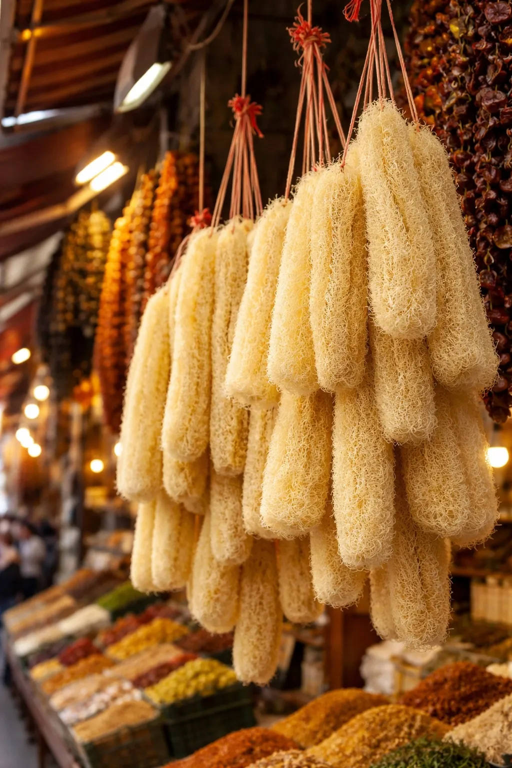 Bunches of dried luffa gourd bath scrubs (kabak lifi) hanging above a spice and dried-fruit counter at an Istanbul bazaar