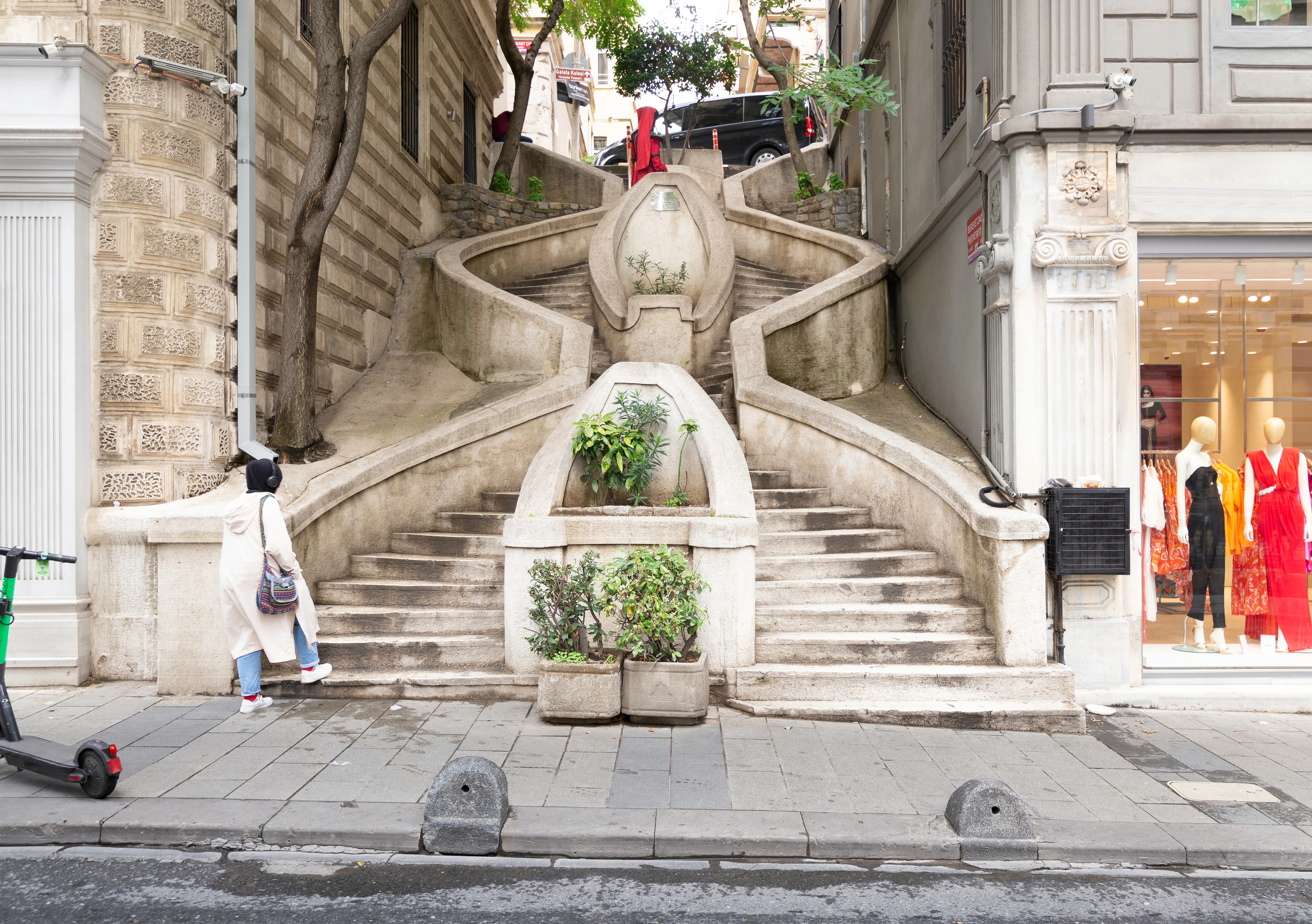 The Kamondo Stairs, a curving 19th-century pedestrian stairway leading toward the Galata Tower