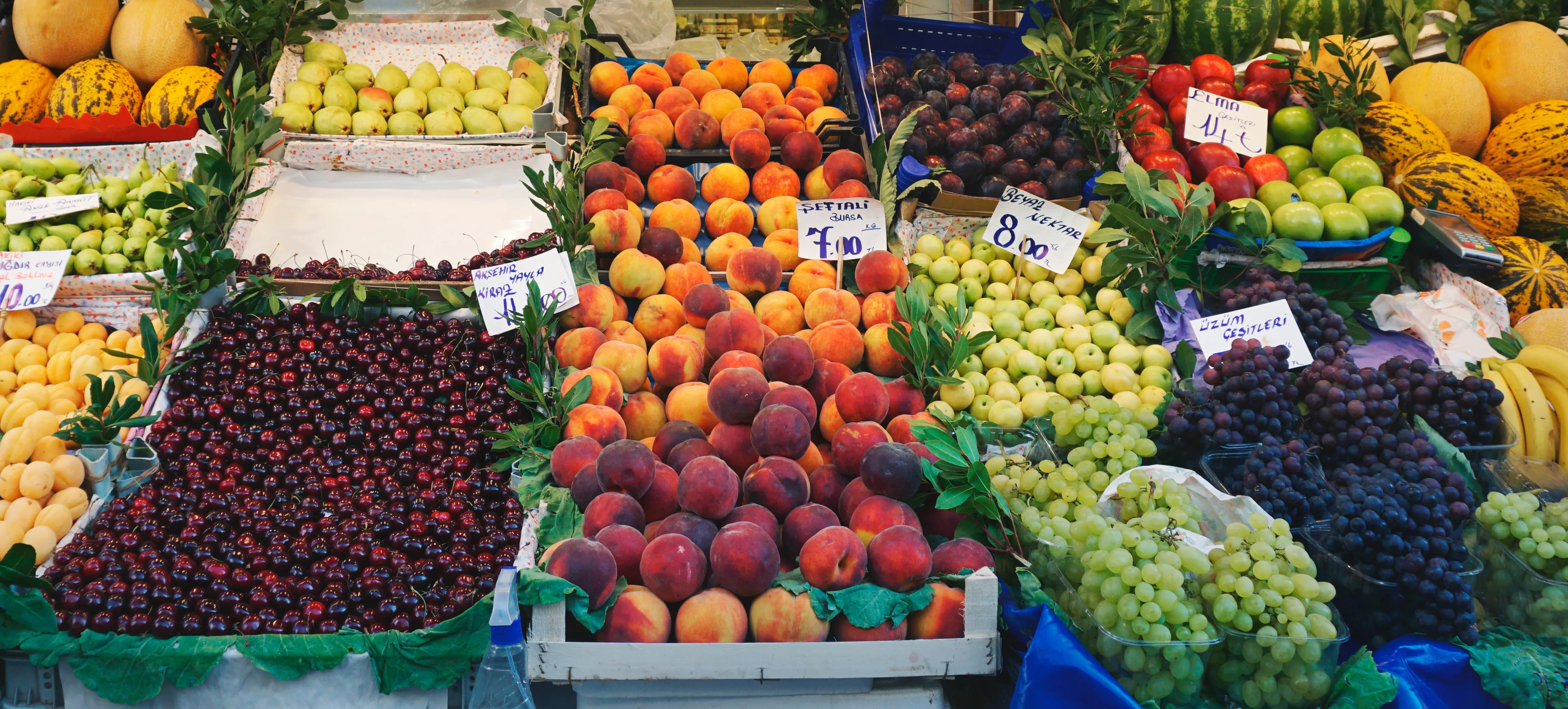 A colorful mixed fresh-fruit stall in Istanbul