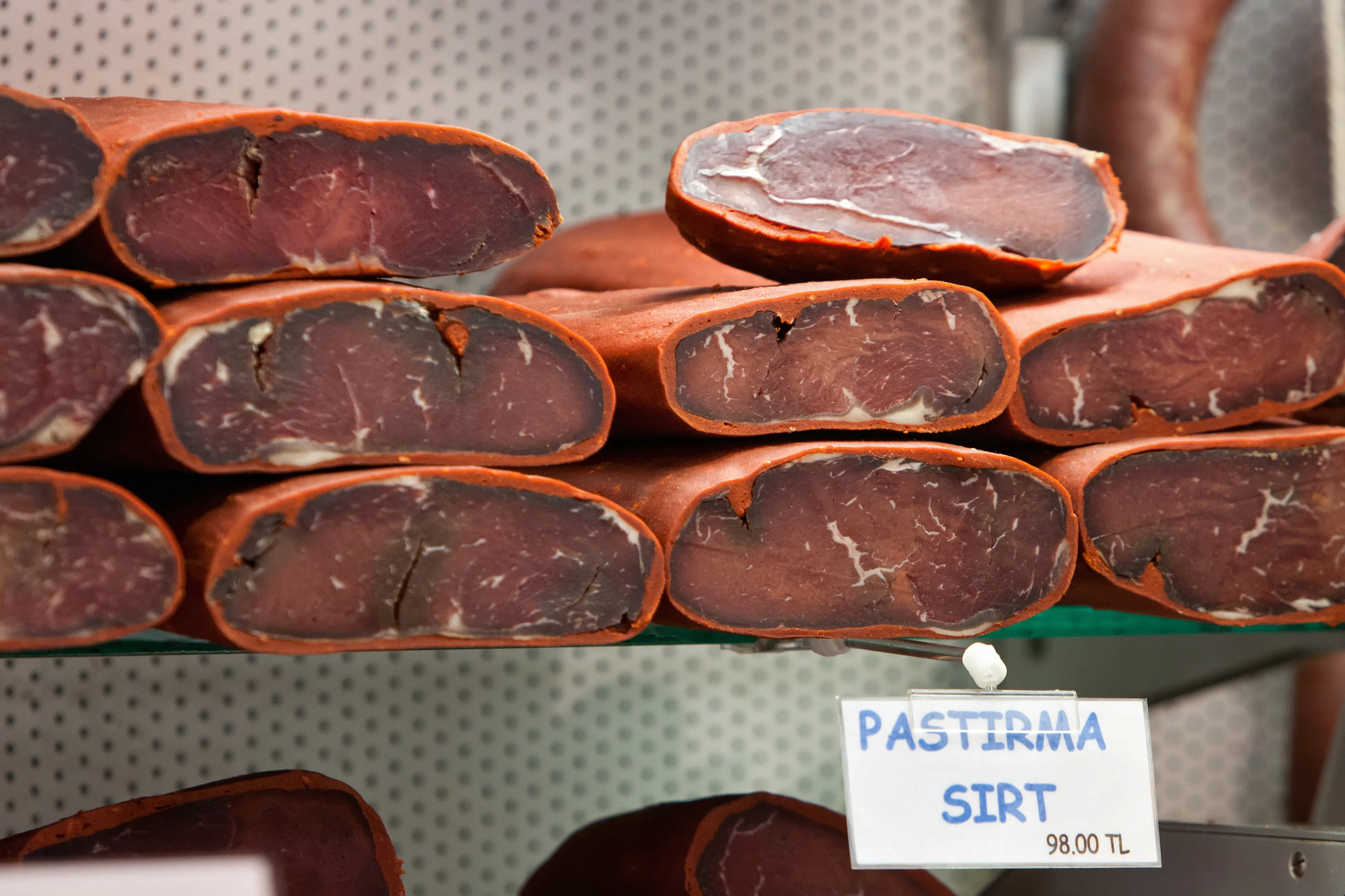 Turkish pastırma, air-dried spiced beef, on display at the Egyptian Bazaar in Istanbul
